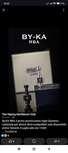 Két BY-KA RBA Vape Systems atomizátor látható, amelyek egy fekete és egy bézs doboz előtt állnak, és egy online elérhetőségről szóló közleményt tartalmazó Facebook poszt részei. (Feliratozva AI-val)