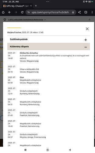 A kép egy UPS csomagkövetési oldalt mutat, amelyen a csomag státusza „Kézbesítés elutasítva” azzal a magyarázattal, hogy a címzettnek nem volt számlainformációja ehhez a csomaghoz, és nem vette át azt. (Feliratozva AI-val)