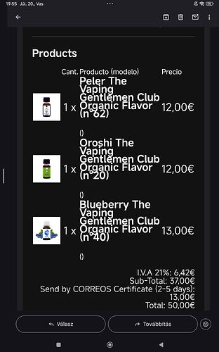 A képernyőn egy sötét témájú online terméklista látható, amely különböző vape folyadékokat, azok árait és egy 50,00 eurós végösszeget mutat. (Feliratozva AI-val)