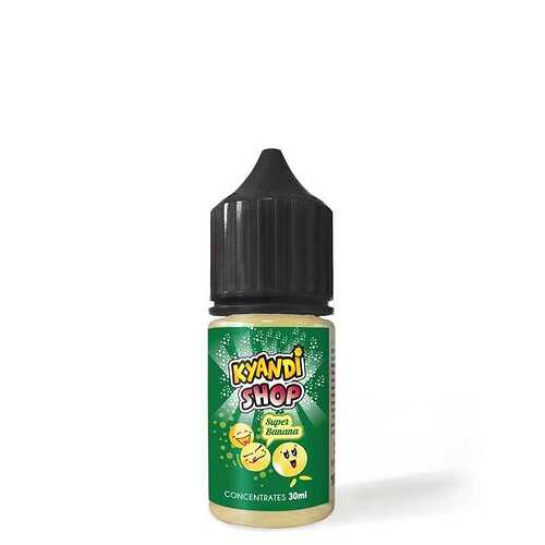 Egy Kyandi Shop Super Banana Concentrates 30ml üveg látható fekete kupakkal és élénkzöld címkével, amelyen banánra emlékeztető hangulatjelek vannak. (Feliratozva AI-val)