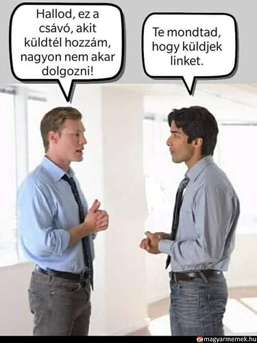 Két férfi beszélget, az egyik panaszkodik, hogy a másik által küldött személy nem akar dolgozni, mire a másik azt mondja, hogy ő linket küldött, nem embert. (Feliratozva AI-val)