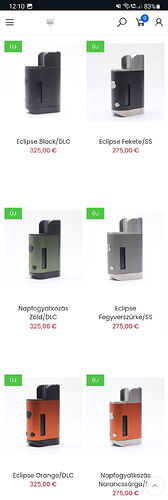 A képernyő egy mobilalkalmazás felületét mutatja, amelyen különböző színű Eclipse vape modok szerepelnek áraikkal és „Új” jelzéssel. (Feliratozva AI-val)